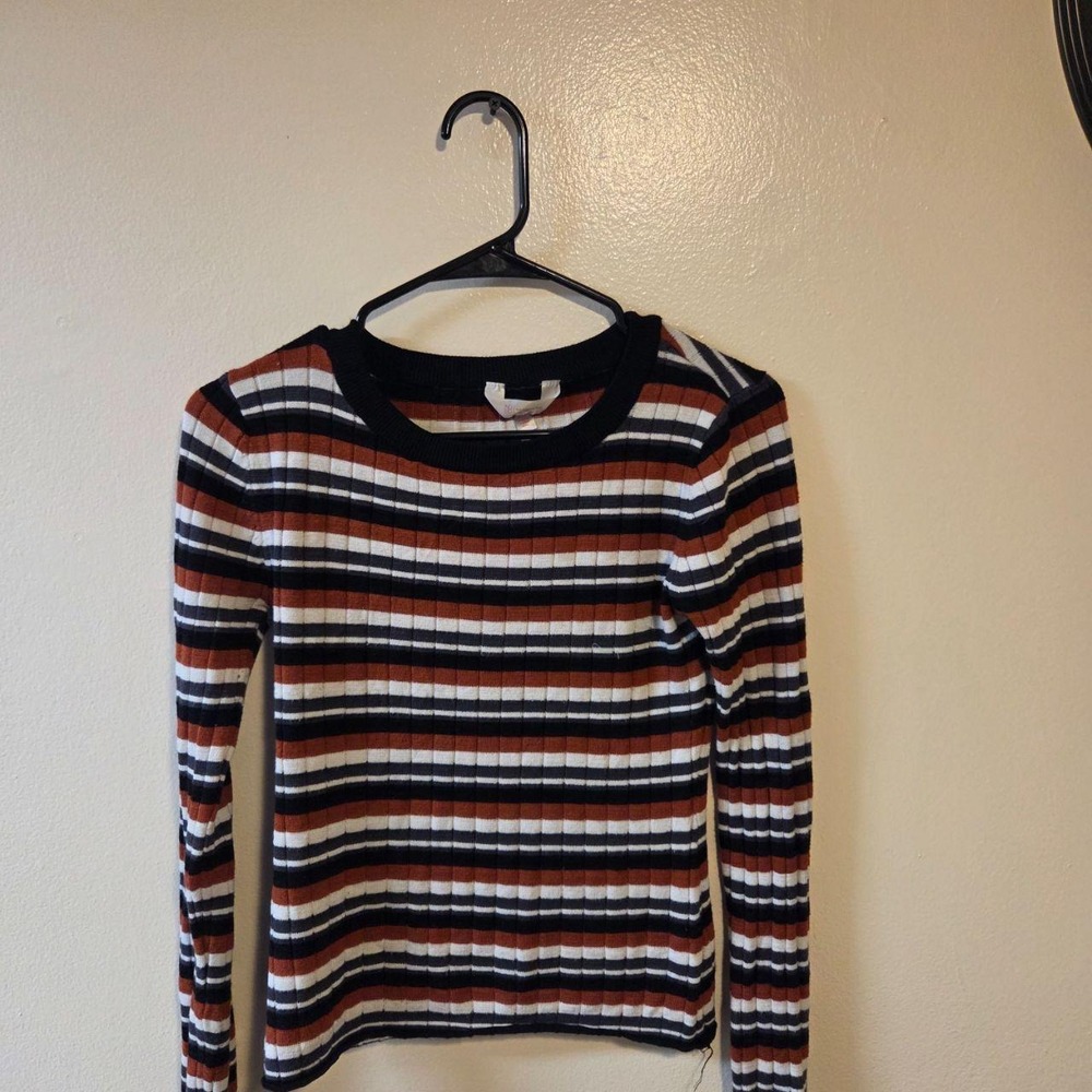 No Boundaries Women Striped Ribbed Knit Sweater Rust Navy White Crew Neck Medium